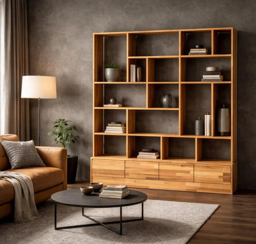 Custom Solid Beech Wood Wall Unit, Modern Library Shelving System, Handmade Large Bookcase