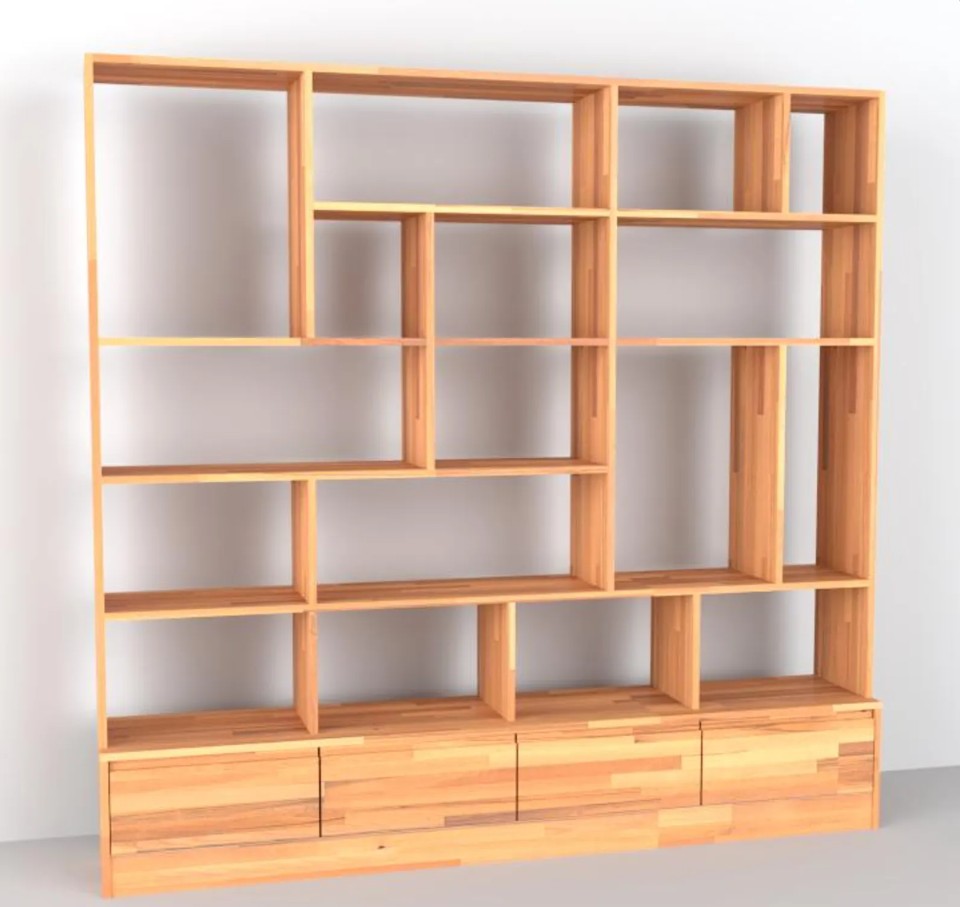 Custom Solid Beech Wood Wall Unit, Modern Library Shelving System, Handmade Large Bookcase