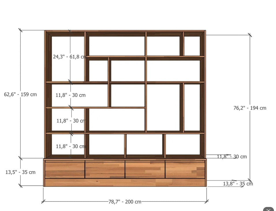 Custom Solid Beech Wood Wall Unit, Modern Library Shelving System, Handmade Large Bookcase