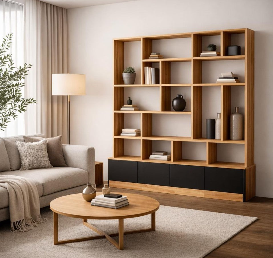 Custom Solid Beech Wood Wall Unit, Modern Bookcase Shelving System, Large Storage Cabinet Handmade