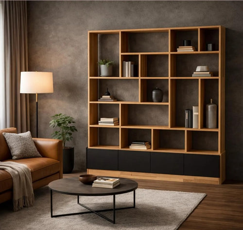Custom Solid Beech Wood Wall Unit, Modern Bookcase Shelving System, Large Storage Cabinet Handmade