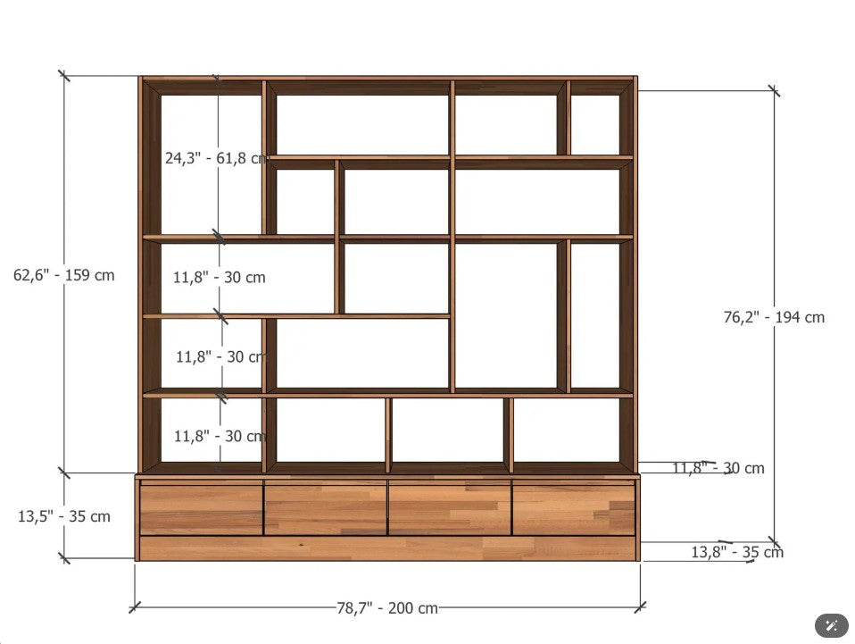 Custom Solid Beech Wood Wall Unit, Modern Bookcase Shelving System, Large Storage Cabinet Handmade