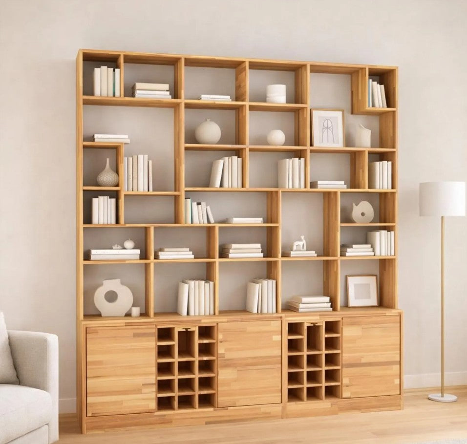 Solid Beech Wood Wall Unit, Custom Shelving System, Modern Library Storage, Wine Rack