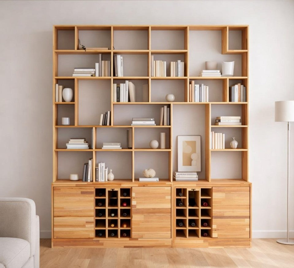 Solid Beech Wood Wall Unit, Custom Shelving System, Modern Library Storage, Wine Rack
