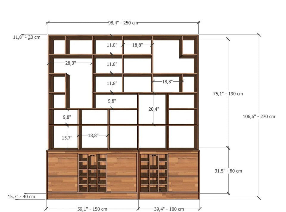 Solid Beech Wood Wall Unit, Custom Shelving System, Modern Library Storage, Wine Rack