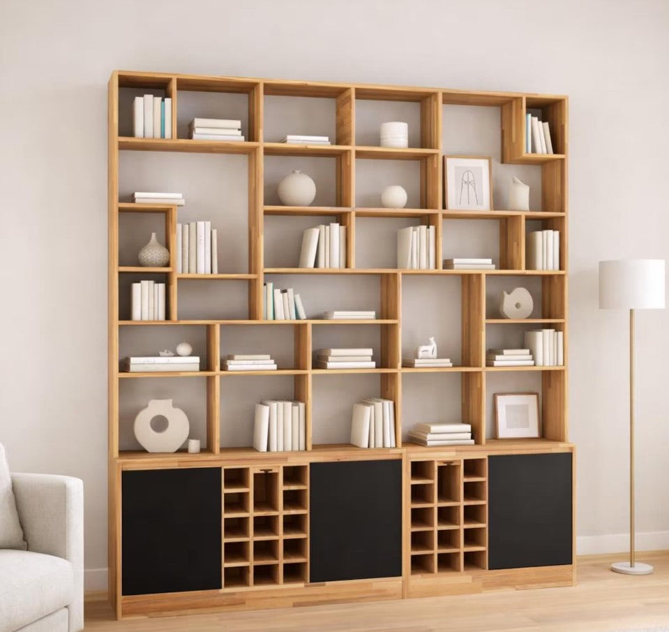 Solid Beech Wood Wall Unit, Custom Modern Library Shelving System, Wine Rack Storage