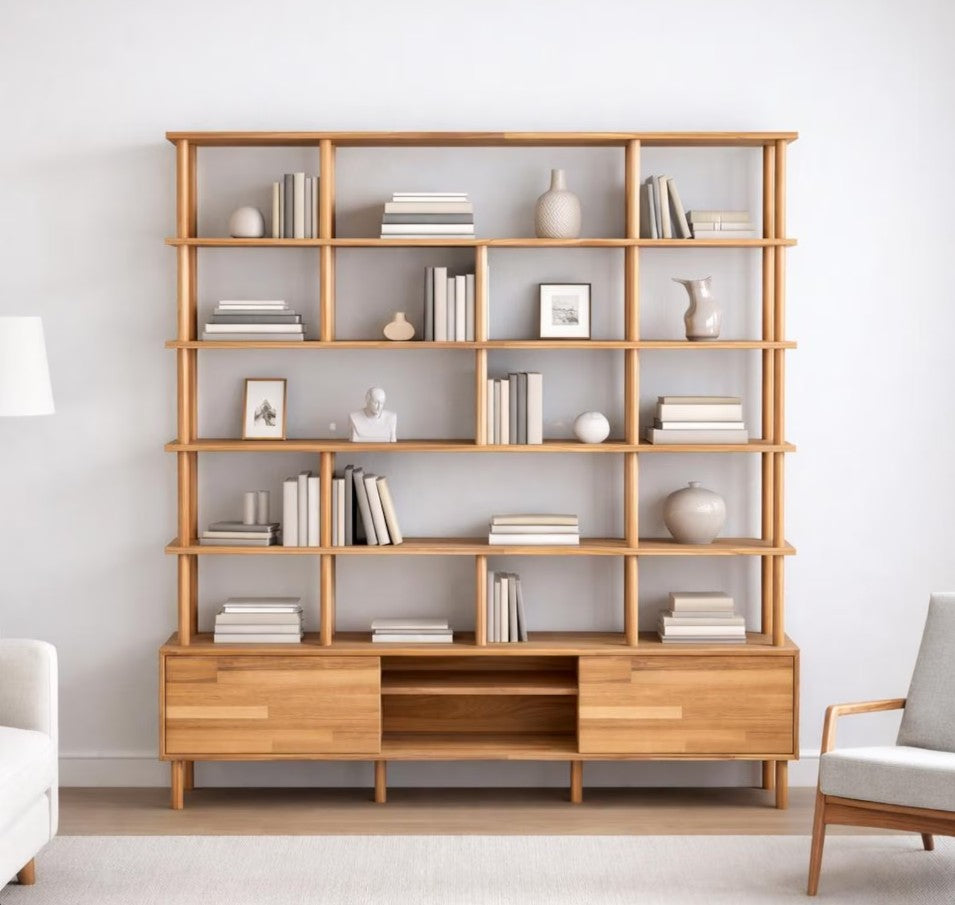 Custom Solid Beech Wood Wall Unit Modern Shelving System Handmade Large Bookcase Storage