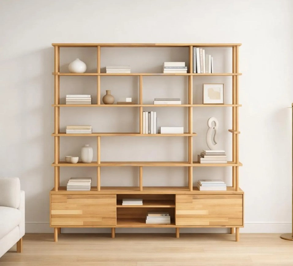 Custom Solid Beech Wood Wall Unit Modern Shelving System Handmade Large Bookcase Storage