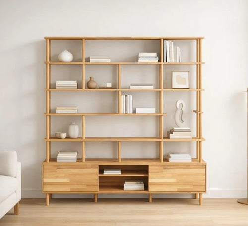 Custom Solid Beech Wood Wall Unit Modern Shelving System Handmade Large Bookcase Storage