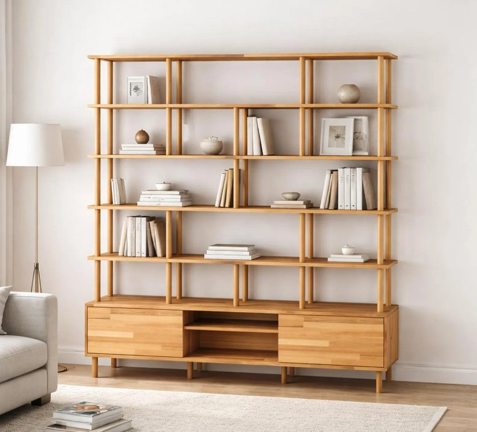 Custom Solid Beech Wood Wall Unit Modern Shelving System Handmade Large Bookcase Storage