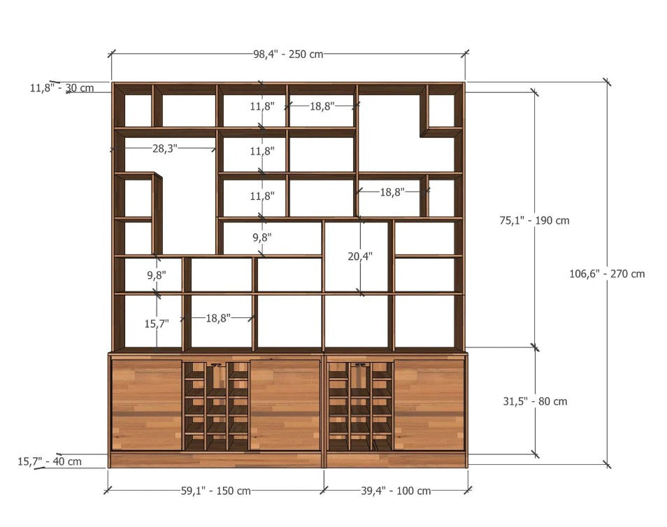 Solid Beech Wood Wall Unit, Custom Modern Library Shelving System, Wine Rack Storage