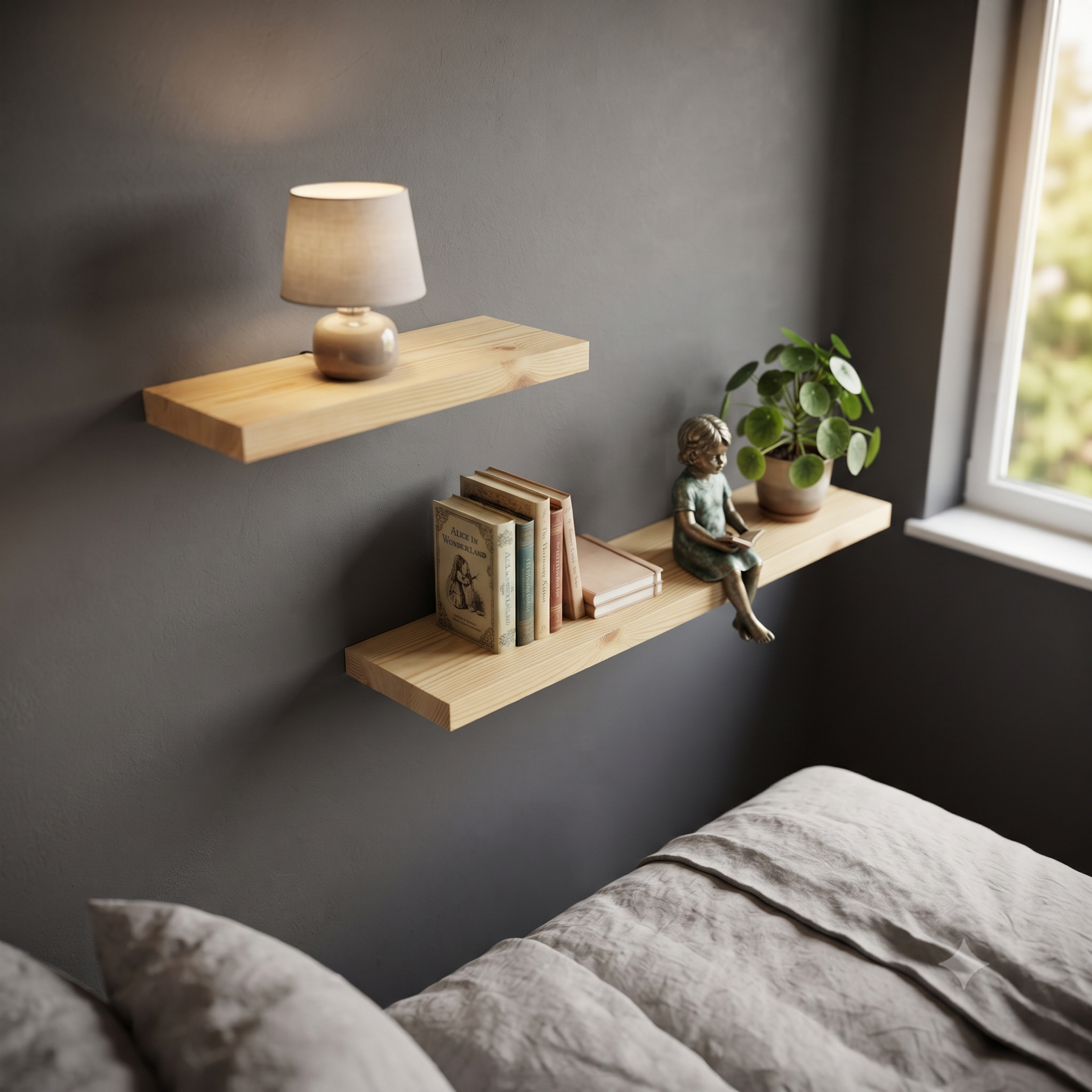 Solid Pine Wood Floating Shelf, Rustic Farmhouse Wall Decor, Non-Toxic Finish