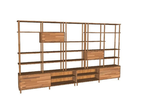 Custom Solid Beech Wood Wall Unit, Modern Shelving System, Library Storage