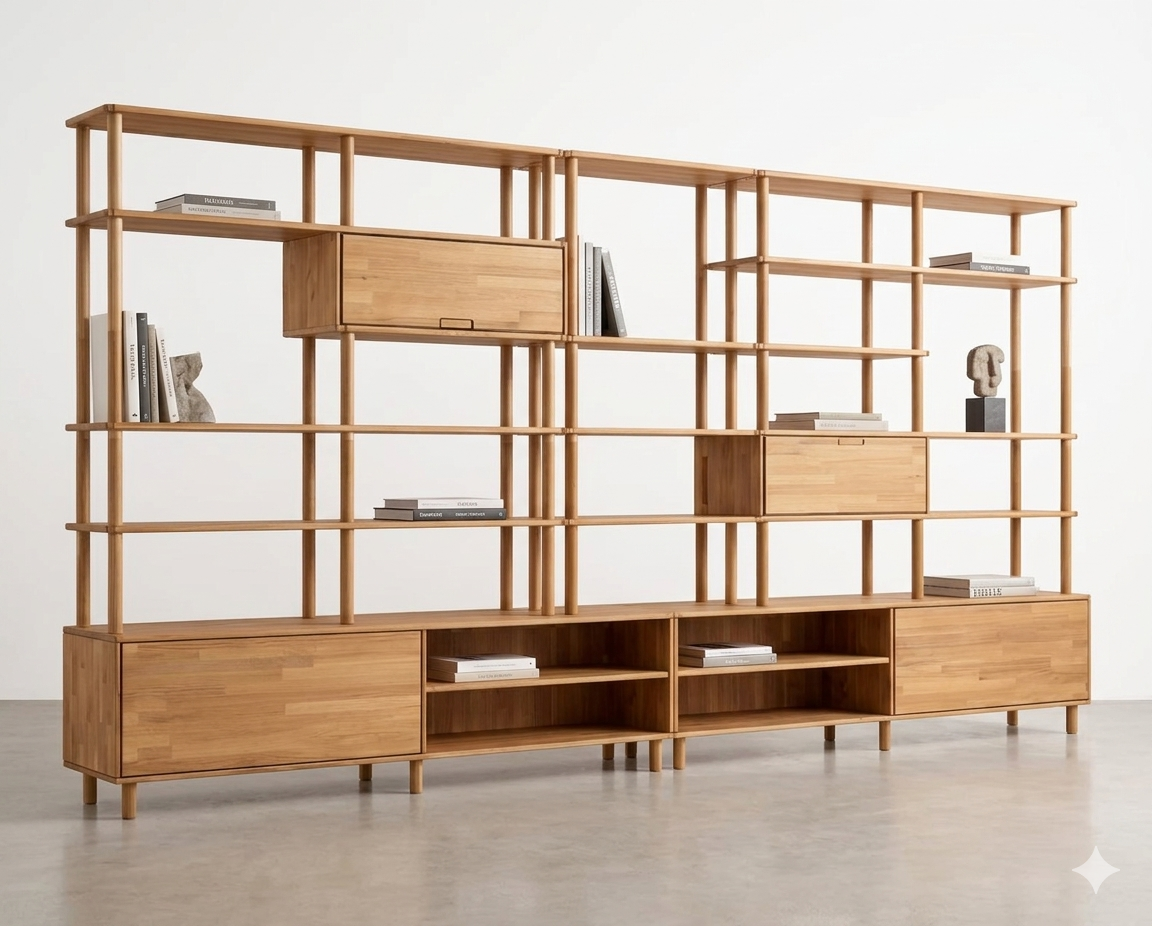 Custom Solid Beech Wood Wall Unit, Modern Shelving System, Library Storage