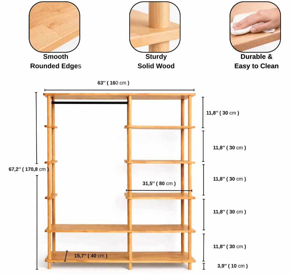 Minimalist Beech Wood Open Wardrobe: Handmade Clothes Rack with Shelves