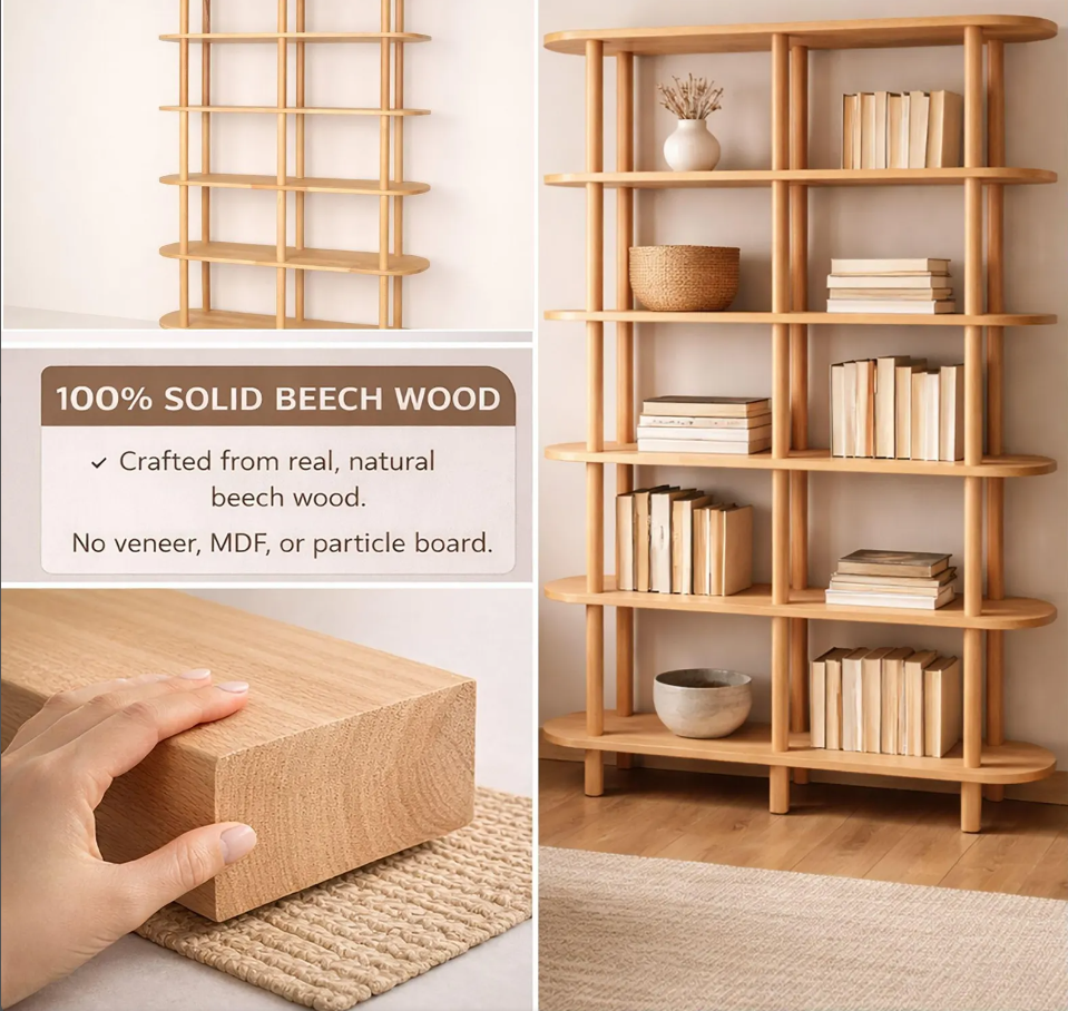 Modern Open Shelving Unit . Solid Wood Bookshelf