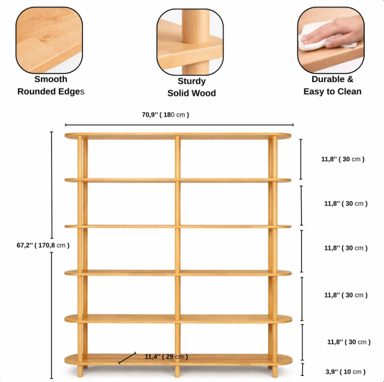 Modern Open Shelving Unit . Solid Wood Bookshelf
