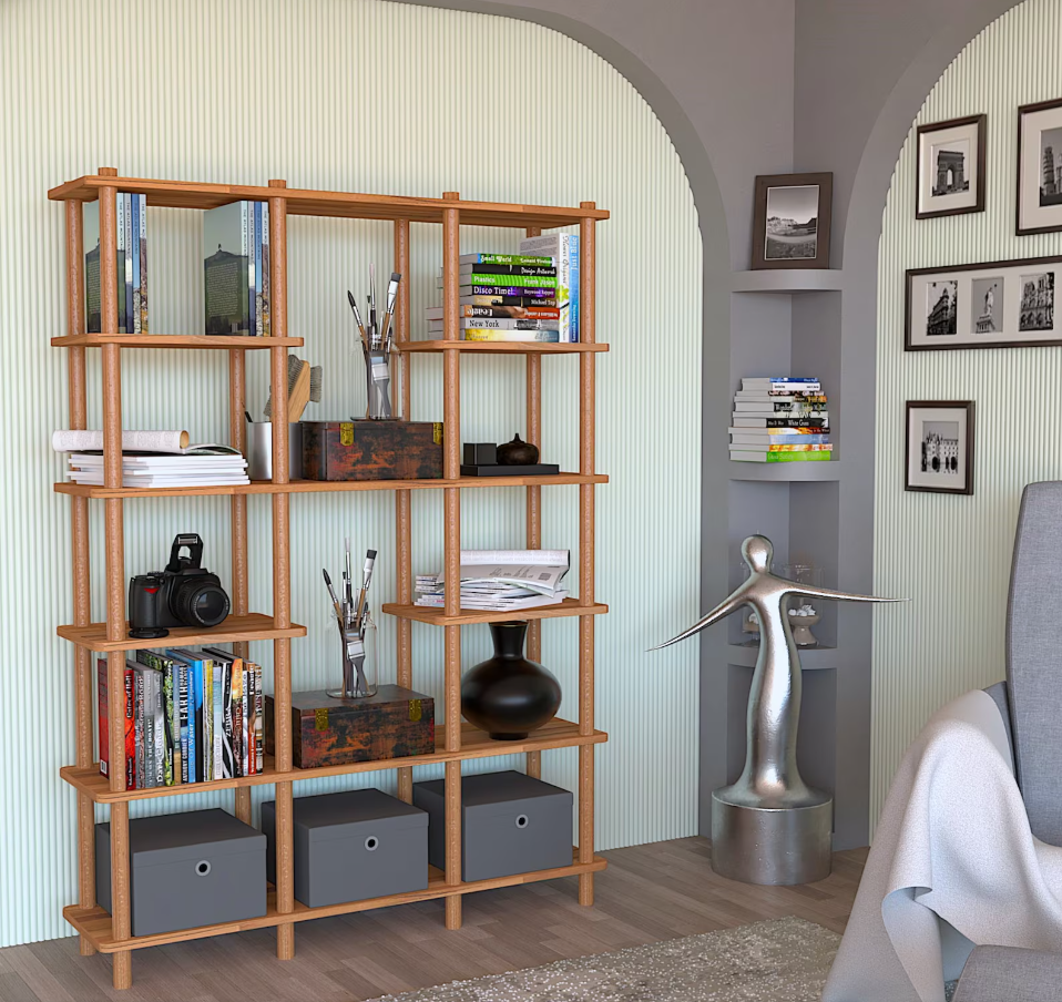 Solid Beech Wood Bookcase: 6-Shelf Farmhouse Design