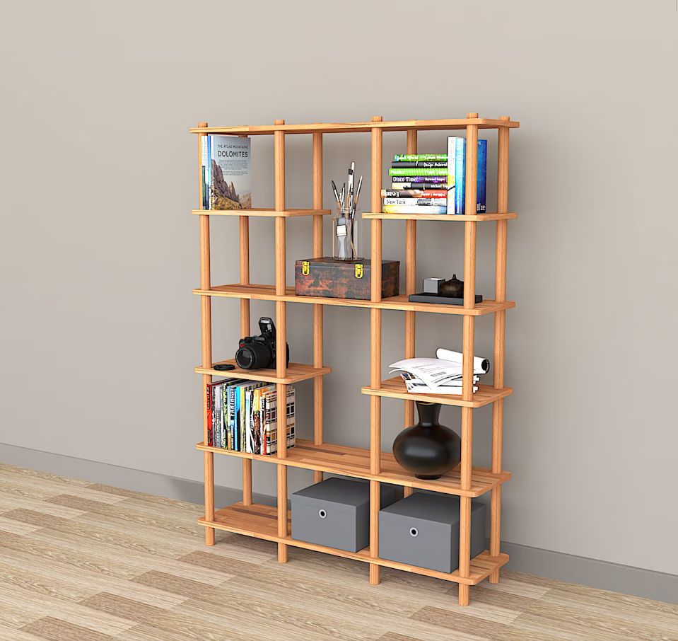 Solid Beech Wood Bookcase: 6-Shelf Farmhouse Design