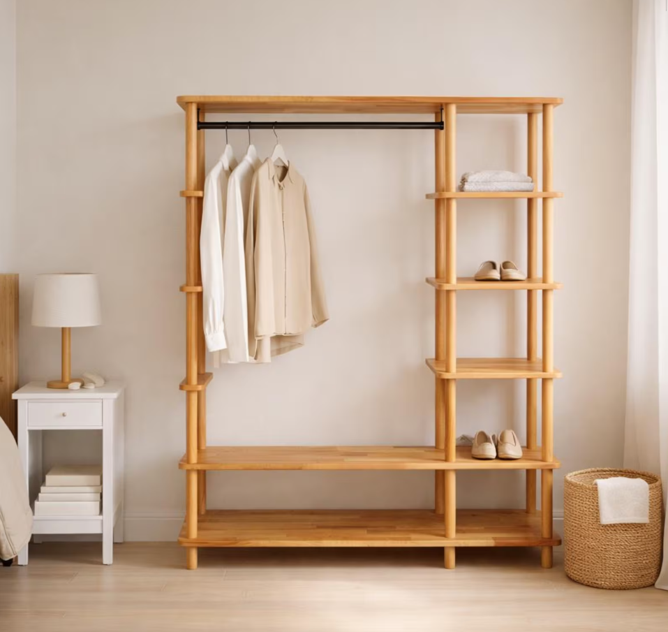 Minimalist Beech Wood Open Wardrobe: Handmade Clothes Rack with Shelves