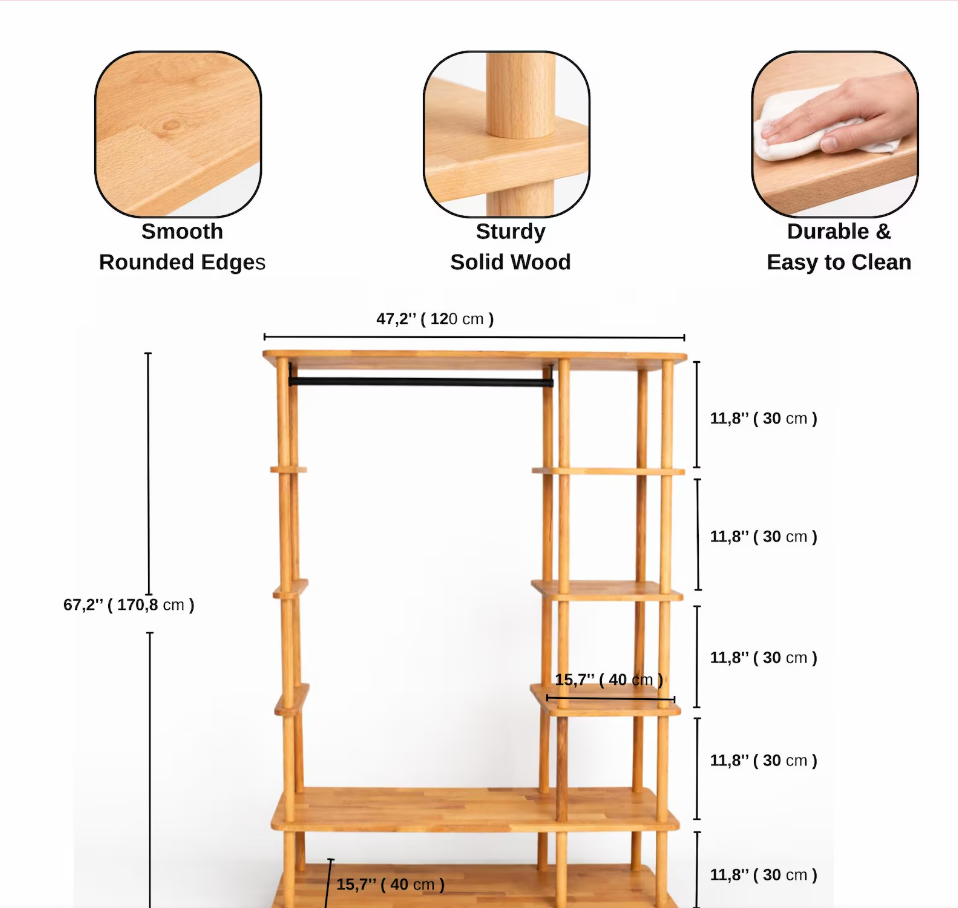 Minimalist Beech Wood Open Wardrobe: Handmade Clothes Rack with Shelves