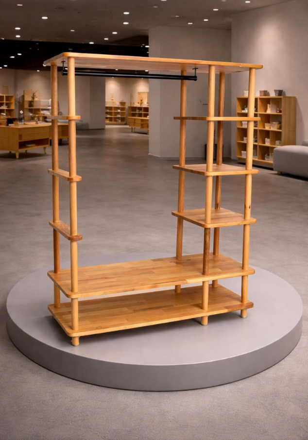 Minimalist Beech Wood Open Wardrobe: Handmade Clothes Rack with Shelves