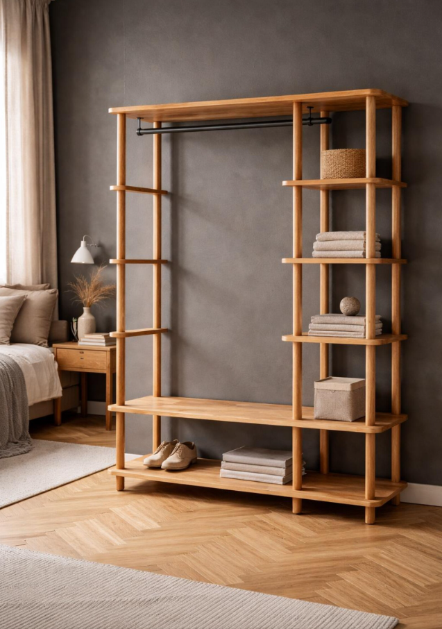 Minimalist Beech Wood Open Wardrobe: Handmade Clothes Rack with Shelves