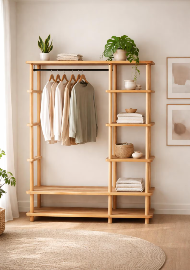 Minimalist Beech Wood Open Wardrobe: Handmade Clothes Rack with Shelves