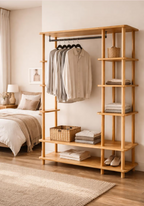 Minimalist Beech Wood Open Wardrobe: Handmade Clothes Rack with Shelves