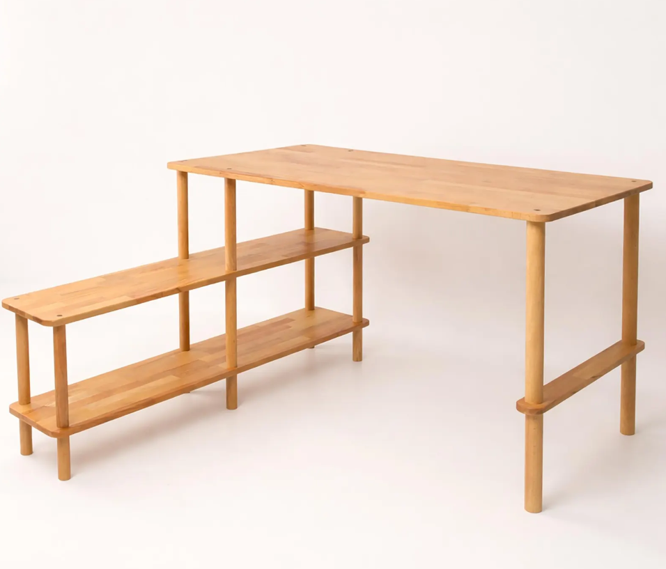 Small Apartment Desk with Shelves , Solid Beech Wood Home Office Desk