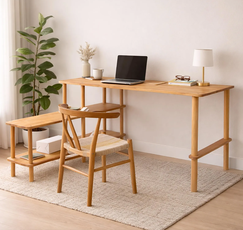 Small Apartment Desk with Shelves , Solid Beech Wood Home Office Desk