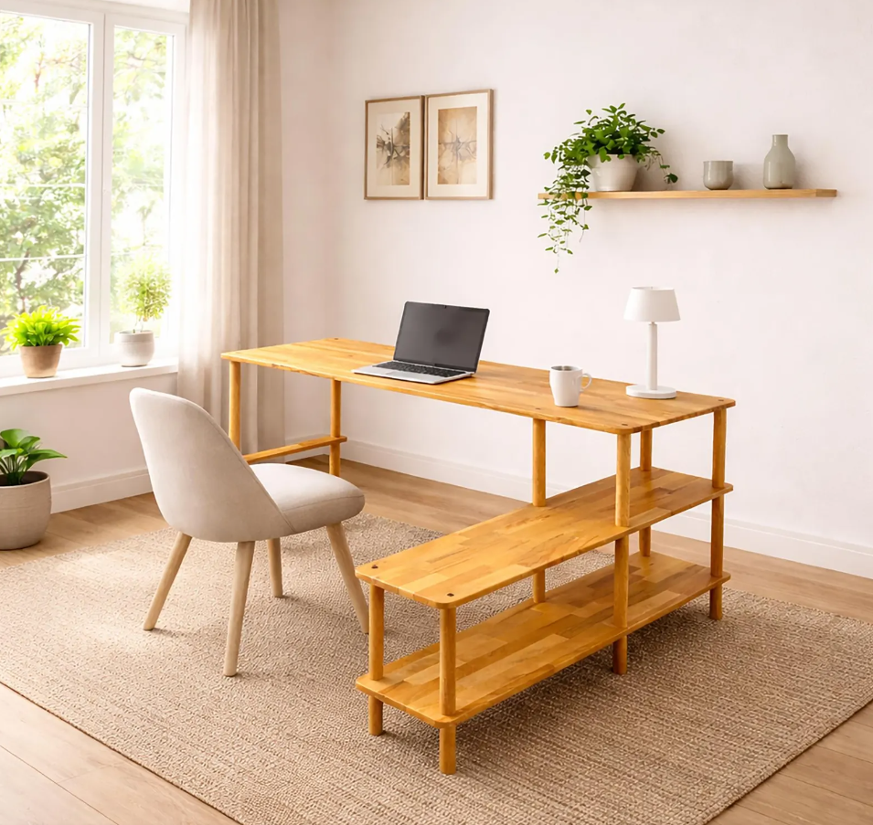 Small Apartment Desk with Shelves , Solid Beech Wood Home Office Desk