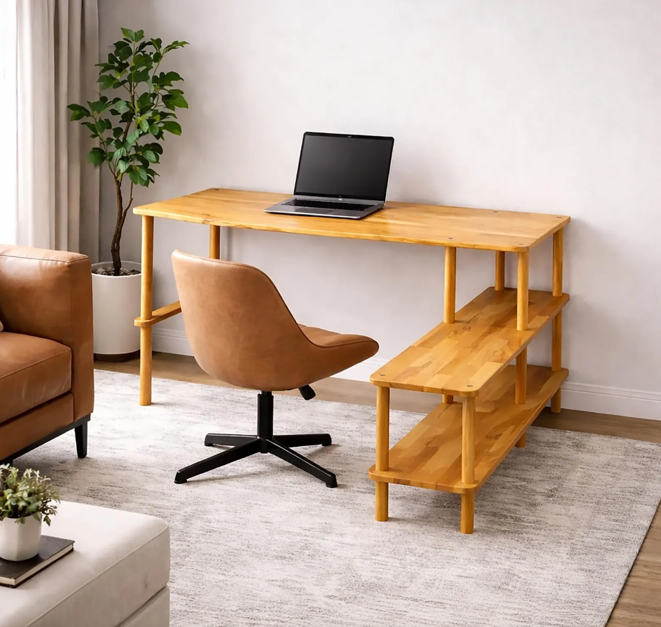 Small Apartment Desk with Shelves , Solid Beech Wood Home Office Desk