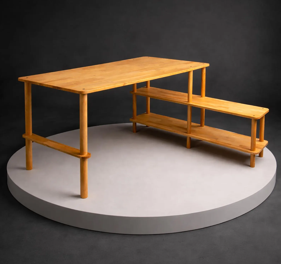 Small Apartment Desk with Shelves , Solid Beech Wood Home Office Desk