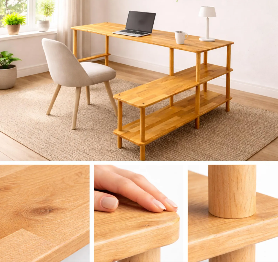 Small Apartment Desk with Shelves , Solid Beech Wood Home Office Desk