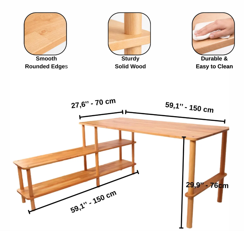 Small Apartment Desk with Shelves , Solid Beech Wood Home Office Desk
