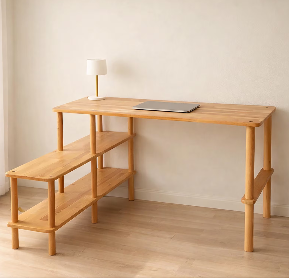 Solid Beech Wood Desk with Storage Shelves , L-Shaped Office Desk