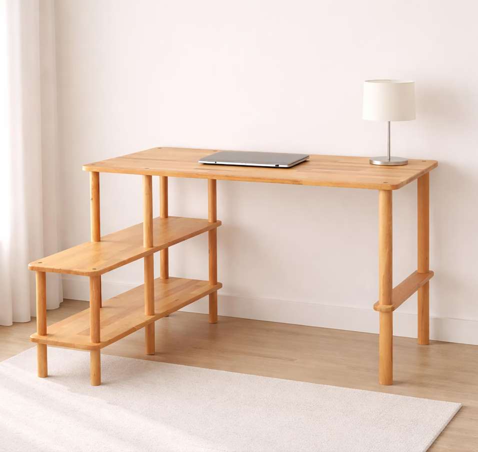 Solid Beech Wood Desk with Storage Shelves , L-Shaped Office Desk