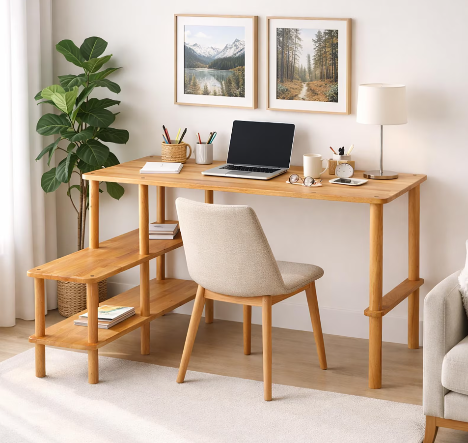 Solid Beech Wood Desk with Storage Shelves , L-Shaped Office Desk