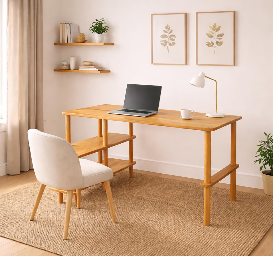 Solid Beech Wood Desk with Storage Shelves , L-Shaped Office Desk