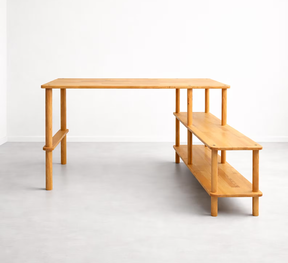 Solid Beech Wood Desk with Storage Shelves , L-Shaped Office Desk