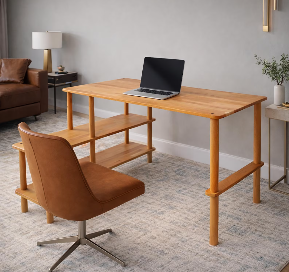 Solid Beech Wood Desk with Storage Shelves , L-Shaped Office Desk