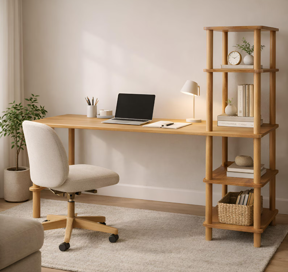 olid Wood Desk with Shelves , Bookshelf Writing Desk