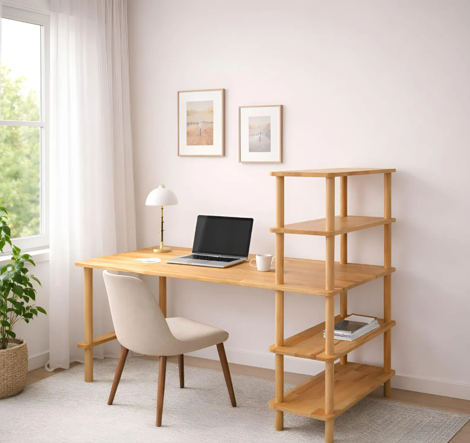olid Wood Desk with Shelves , Bookshelf Writing Desk