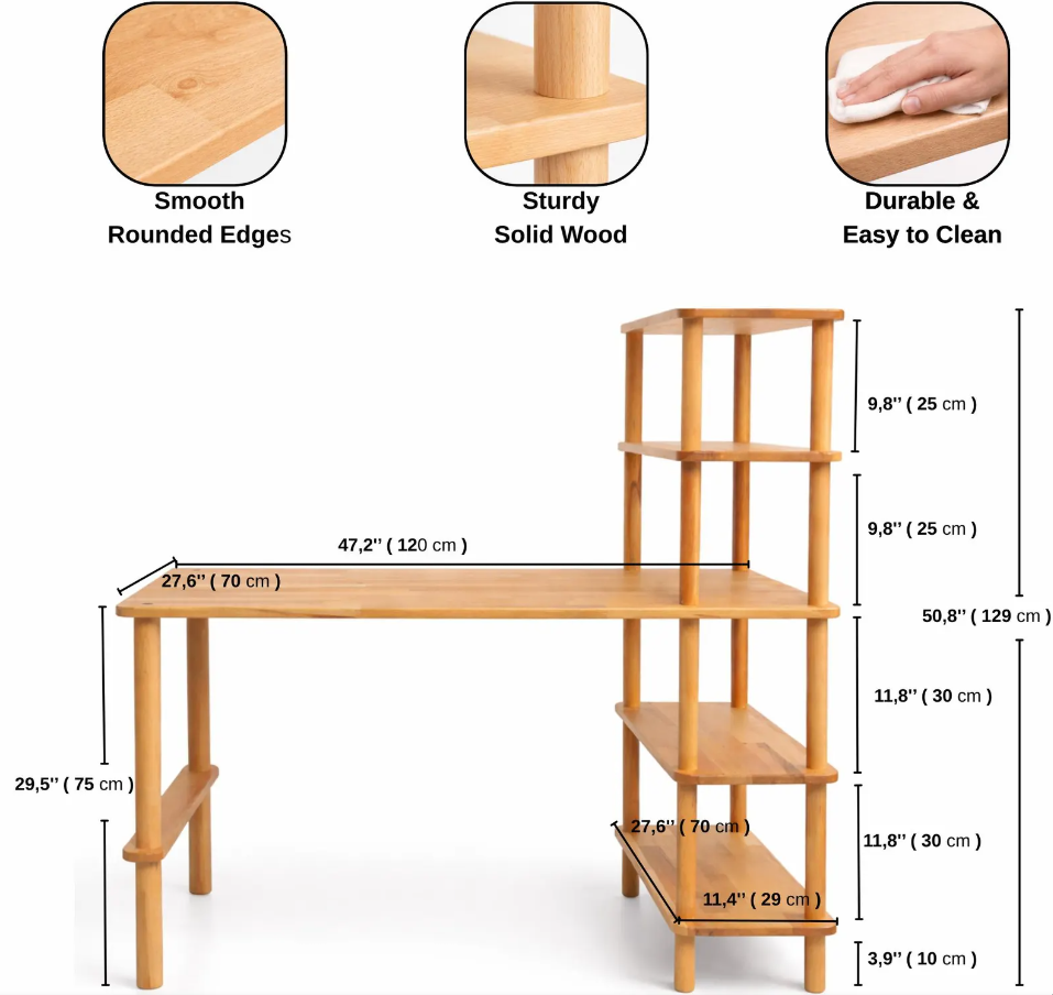 olid Wood Desk with Shelves , Bookshelf Writing Desk