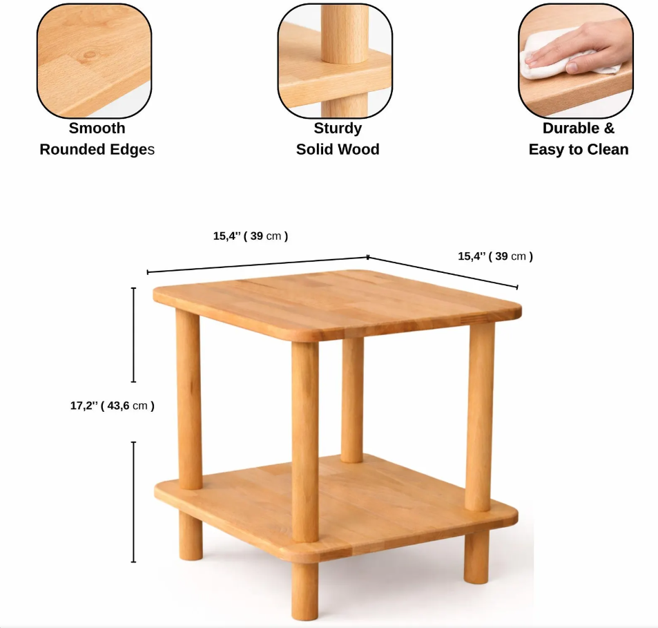 Small Space Solid Wood End Table – Minimalist Side Table with Shelf
