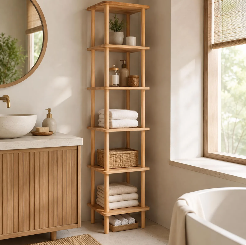 Solid Beech Wood Narrow Bathroom Shelf, Space-Saving Corner Storage Rack