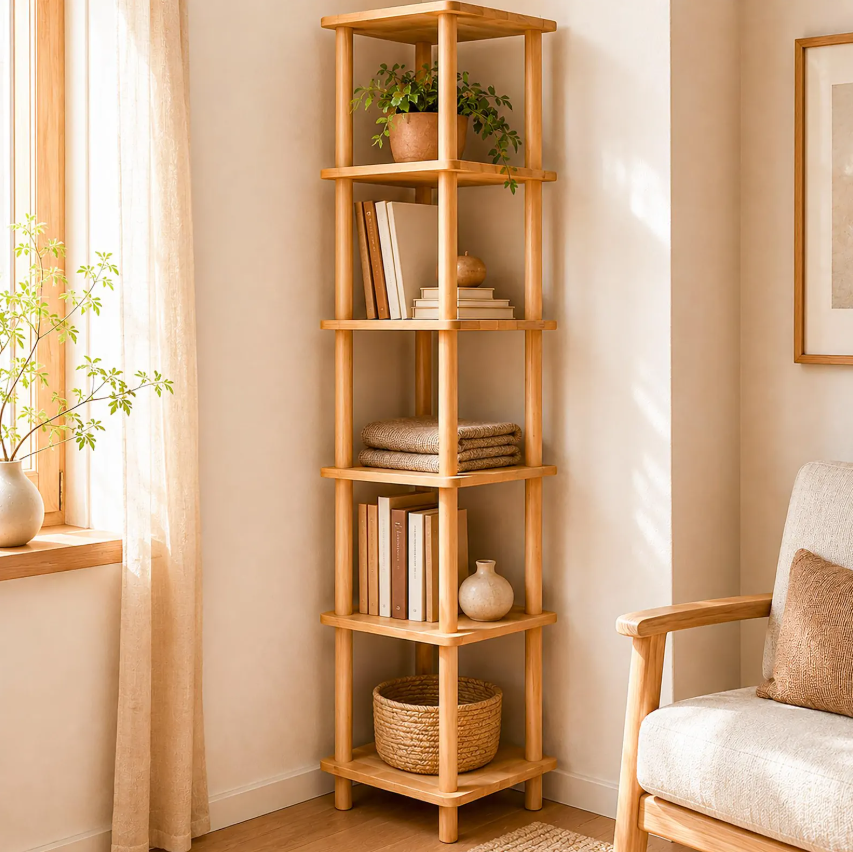 Solid Beech Wood Narrow Bathroom Shelf, Space-Saving Corner Storage Rack