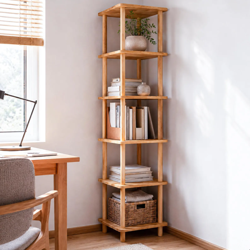 Solid Beech Wood Corner Shelf – Tall Narrow Bathroom Kitchen Organizer