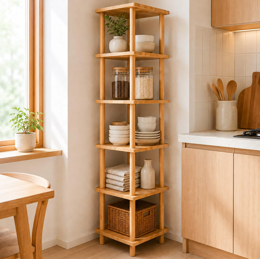 Solid Beech Wood Corner Shelf – Tall Narrow Bathroom Kitchen Organizer